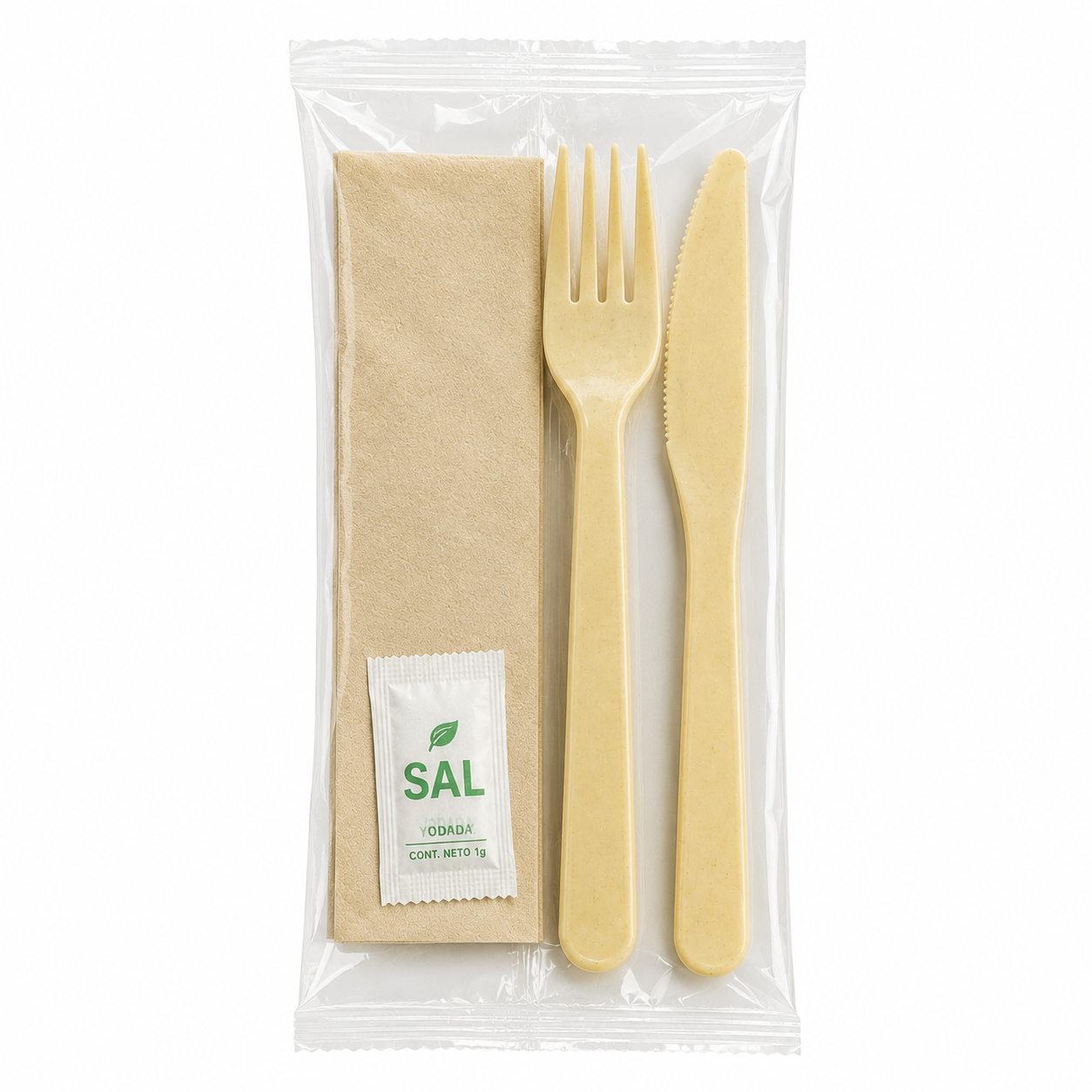 KIT DE TENEDOR,CUCHILLO BIO SERVILLETA Y SAL, MILLAR