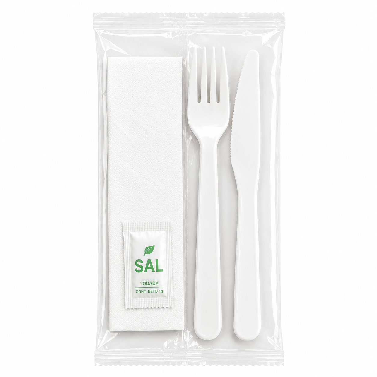 KIT BLANCO DE TENEDOR/CUCHILLO/SERVILLETA Y SAL 100 UND